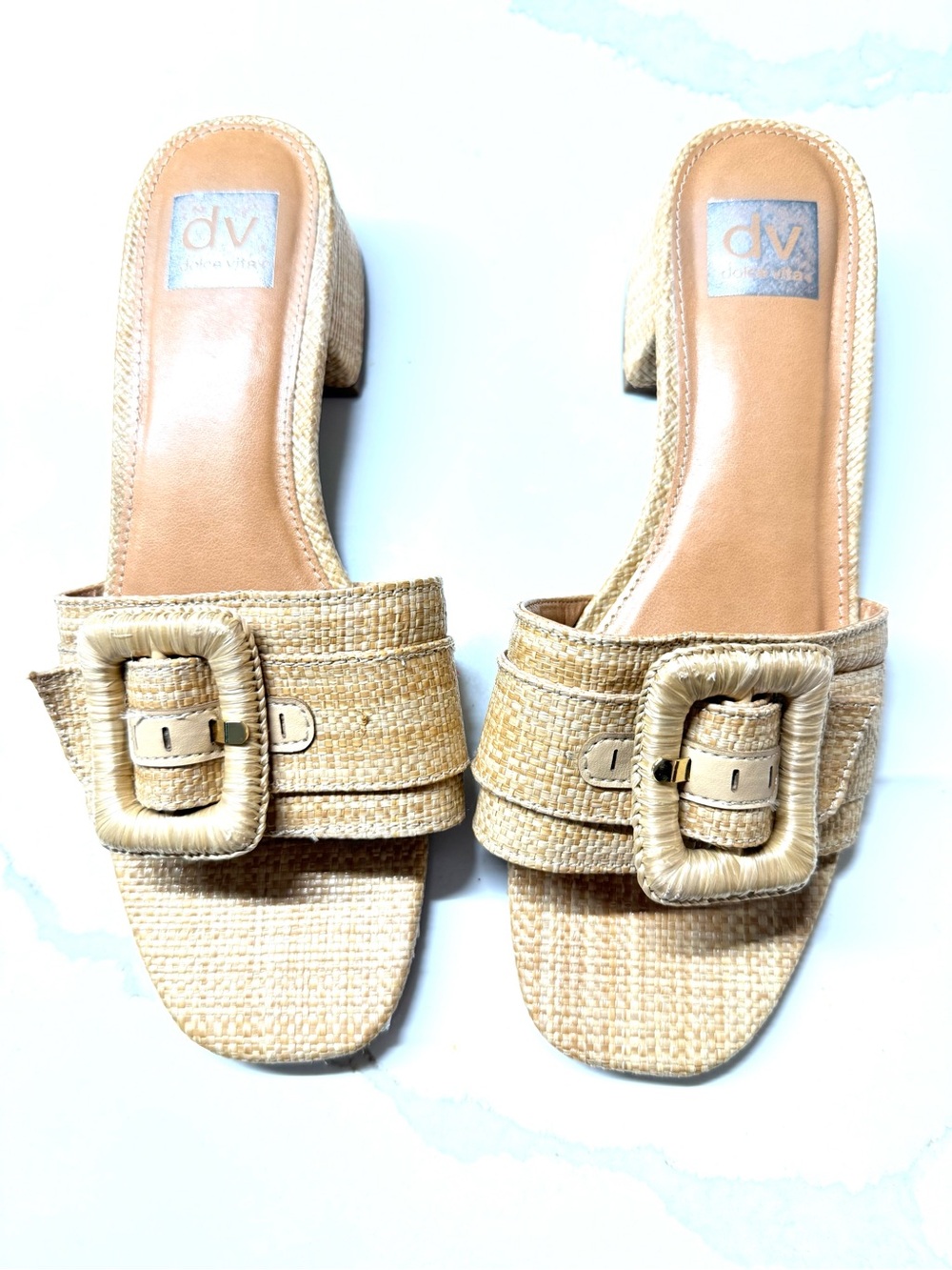 NWOT Dolce Vita Beige Raffia Buckle Block Heel Mules